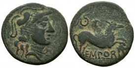 EMPORION (Ampurias, Gerona). As. (Ae. 8,17g/27mm). 50-27 a.C. (FAB-1246). Anv: Cabeza de Palas con casco a derecha. Rev: Pegaso a derecha, encima coro...