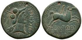 EMPORION (Ampurias, Gerona). As. (Ae. 12,27g/27mm). 50-27 a.C. (FAB-1254). Anv: Cabeza de Palas con casco a derecha, alrededor leyenda: Q CN CG P L CF...