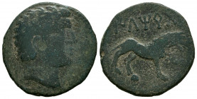 ILTIRTA (Lérida). As. (Ae. 6,70g/23mm). 200-20 a.C. (FAB-1475). Anv: Cabeza masculina a derecha. Rev: Lobo a derecha, encima leyenda ibérica: ILTiRTa....