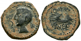 ILITURGI (Mengíbar, Jaén). As. (Ae. 10,46g/27mm). 50 a.C. (FAB-1563). Anv: Cabeza masculina a izquierda, delante dos estrellas y creciente. Rev: Espig...