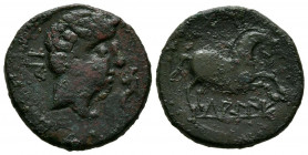 LAGINE (Fuente de Ebro, Zaragoza). Semis. (Ae. 4,23g/19mm). 120-20 a.C. (FAB-1657). Anv: Cabeza masculina a derecha, delante delfín, detrás letras ibé...
