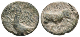 OBULCO (Porcuna, Jaén). Semis. (Ae. 3,92g/18mm). 220-20 a.C. (FAB-1844). Anv: Aguila a izquierda, debajo leyenda retrógada: OBVLCO. Rev: Toro a derech...