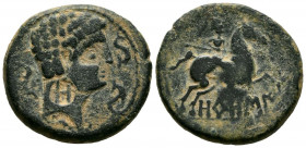OROSIS (Zona media del Ebro). As. (Ae. 10,45g/25mm). 120-20 a.C. (FAB-1907). Anv: Cabeza masculina a derecha rodeada de tres delfines. Rev: Jinete con...