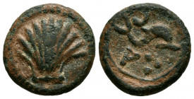 ARSE-SAGUNTO (Sagunto, Valencia). Cuadrante. (Ae. 3,21g/16mm). 170-20 a.C. (FAB-2054). Anv: Concha. Rev: Delfín a derecha, encima creciente, debajo le...