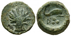 ARSE-SAGUNTO (Sagunto, Valencia). Sextante. (Ae. 4,86g/16mm). 170-20 a.C. (FAB-2055). Anv: Concha. Rev: Delfín a derecha, debajo letra ibérica A y tre...