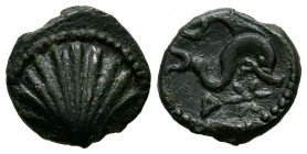 ARSE-SAGUNTO (Sagunto, Valencia). Sextante. (Ae. 1,21g/12mm). 170-20 a.C. (FAB-2064). Anv: Concha. Rev: Delfín a derecha, encima creciente, debajo let...