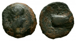 ARSE-SAGUNTO (Sagunto, Valencia). Cuadrante. (Ae. 0,74g/10mm). 150-100 a.C. (FAB-2074A). Anv: Cabeza masculina a derecha. Rev: Proa a derecha. MBC-. R...