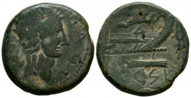 ARSE-SAGUNTO (Sagunto, Valencia). As. (Ae. 20,68g/29mm). 50-20 a.C. (FAB-2078). Anv: Cabeza galeada de Roma a derecha, alrededor leyenda: SAGVNTINV. R...
