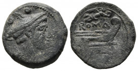 ACUÑACIONES ANONIMAS. Sextante. (Ae. 4,76g/19mm). 211-208 a.C. Roma. (Crawford 61/6). Anv: Busto drapeado con pétaso de Mercurio a derecha, encima dos...