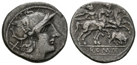 ACUÑACIONES ANONIMAS. Denario. (Ar. 3,22g/19mm) 206-195 a.C. Roma. (Crawford 116/1b; FFC 60). Anv: Cabeza de Roma a derecha, detrás X. Rev: Dioscuros ...