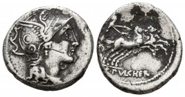 GENS CLAUDIA. Denario. (Ar. 3,73g/18mm). 110-109 d.C. Roma. (FFC 565; Crawford 300/1). Anv: Cabeza de Roma a derecha. Rev: Victoria en biga a derecha,...