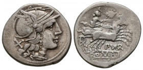 GENS FURIA. Denario. (Ar. 3,46/19mm). 169-158 a.C. Taller auxiliar de Roma. (FFC 729; Crawford 187/1). Anv: Cabeza de Roma a derecha, detrás X. Rev: D...