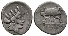 GENS FURIA. Denario. (Ar. 3,23g/19mm). 84 a.C. Taller auxiliar de Roma. (Crawford 356/1c; FFC 732). Anv: Cabeza femenina con corona mural a derecha, d...