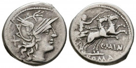 GENS MAIANA. Denario. (Ar. 3,71g/18mm). 153 a.C. Roma. (FFC 832; Crawford 203/1a). Anv: Cabeza de Roma a derecha, detrás X. Rev: Victoria con látigo e...