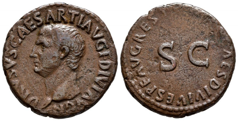 DRUSO. As. (Ae. 10,37g/22mm). 20-21 d.C. Roma. (RIC 45). Anv: Cabeza de Druso a ...