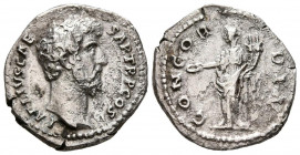 AELIO. Denario. (Ar. 3,04g/18mm). 137 d.C. Roma. (RIC 428). Anv: Cabeza de Aelio a derecha, alrededor leyenda: L AELIVS CAESAR TR P COS II. Rev: Conco...