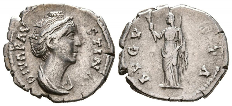 FAUSTINA I. Denario. (Ar. 3,15g/19mm). 141 d.C. Roma. (RIC 356). Anv: Busti diad...