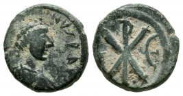 JUSTINO I. Penta. (Ae. 1,92g/12mm). 518-527 d.C. Constantinopla. (Ratto 410). Anv: Busto laureado y drapeado de Justino I a derecha, alrededor leyenda...