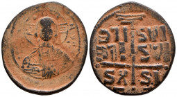ANONIMO, a nombre de Romanus III. Follis. (Ae. 12,92g/34mm). 1028-1034 d.C. (Seaby 1823). Anv: Busto de cristo de frente con mano alzada y portando ev...