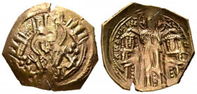 ANDRONICUS II PALAEOLOGUS y MIGUEL IX. Hyperpyron. (El. 2,98/22mm).1294-1320 d.C. Constantinopla. (Seaby 2396). Anv: Figura de la Virgen María estante...