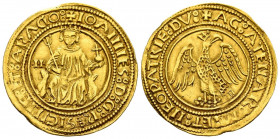 JUAN II DE ARAGÓN (1458-1478). Real de Oro. (Au. 3,94g/26mm). Sicilia (Cru.V.S. 968). Anv: Juan II sentado de frente con cetro y globo crucífero y mar...