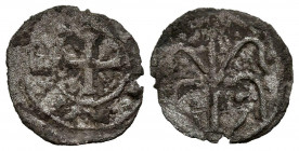ALFONSO IX (1188-1230). Obolo. (Ve. 0,20g/12mm). Posiblemente León. (FAB-149.1). Anv: cruz patada con veros sobre vástagos en cuarteles, alrededor ley...