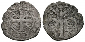 FERNANDO III (1217-1252). Dinero. (Ve. 0,77g/16mm). León. (FAB-212). Anv: Cruz patada con veros sobre vástagos en los cuadrantes, alrededor leyenda: M...
