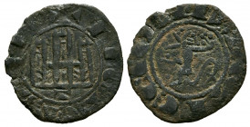 FERNANDO IV (1295-1312). Pepión. (Ae. 0,83g/18mm). Toledo. (FAB-326). Anv: Castillo, debajo T, dentro de gráfila, alrededor leyenda: F REX CASTELLE. R...