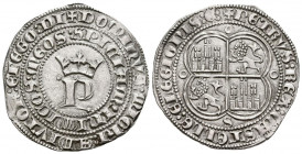 PEDRO I (1350-1368). Real. (Ar. 3,48g/27mm). Sevilla. (FAB-380). Anv: P coronada y alrededor leyenda circular en dos líneas: DOMINVS MICHI ADIVTOR ET ...
