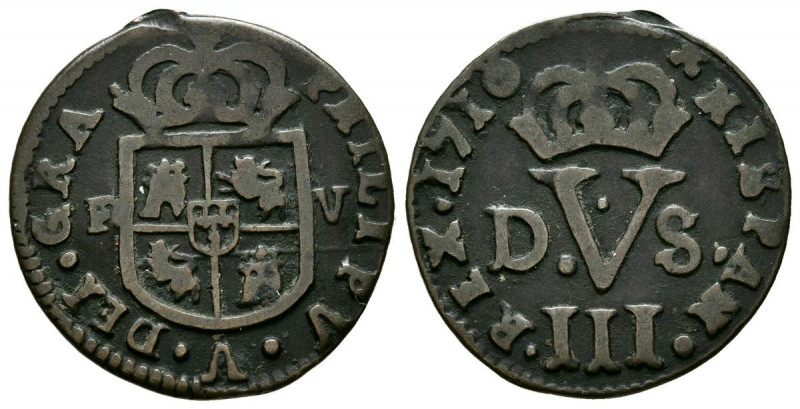 FELIPE V (1700-1746). 1 Treseta. (Ae. 2,54g/22mm). 1710. Valencia. (Cal-2019-9)....