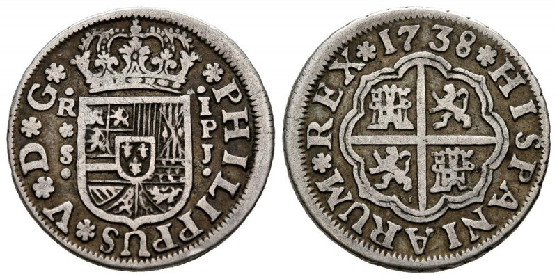 FELIPE V (1700-1746). 1 Real. (Ar. 2,82g/20mm). 1738. Sevilla PJ. (Cal-2019-661)...