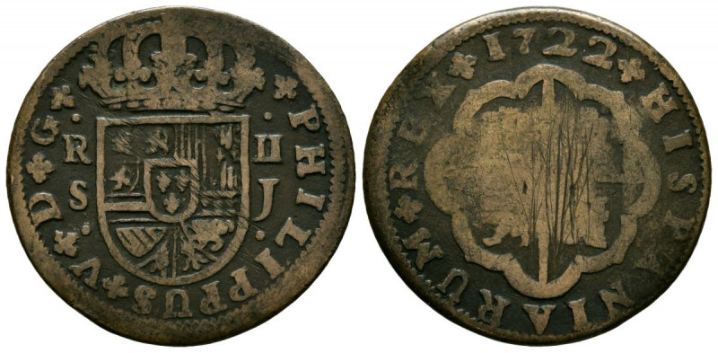 FELIPE V (1700-1746). 2 Reales. (La. 4,44/28mm). 1722. Sevilla J. (Cal-2019-980)...