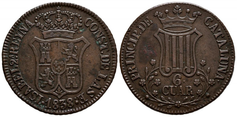 ISABEL II (1833-1868). 6 Cuartos. (Ae. 13,22g/33mm). 1838. Barcelona. (Cal-2019-...