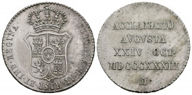 ISABEL II (1833-1868). Medalla. (Ar. 5,98g/26mm). 1833. Módulo de 4 Reales. (Ha. 21). Proclamación en Madrid. EBC. Escasa.