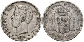 AMADEO I (1871-1873). 5 Pesetas. (Ar. 24,80g/37mm). 1871 *18-73. Madrid DEM. (Cal-2019-3). BC+. Rara.