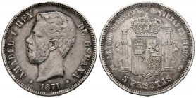 AMADEO I (1871-1873). 5 Pesetas. (Ar. 24,84g/37mm). 1871 *18-75. Madrid DEM. (Cal-2019-7). Acuñada bajo el reinado de Alfonso XII. MBC+.