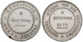 REVOLUCIÓN CANTONAL (1873-1874). 5 Pesetas. (Ar. 28,31g/37mm). 1873. Cartagena. (Cal-2019-7). 80 perlas en anverso y 85 en reverso coincidente. MBC+. ...