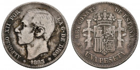 ALFONSO XII (1874-1885). 1 Peseta (Ar. 4,82g/23mm). 1883 *18-83. Madrid MSM. (Cal-2019-21). BC+/MBC-.