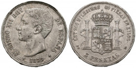 ALFONSO XII (1874-1885). 5 Pesetas. (Ar. 24,79g/37mm). 1875 *18-75. Madrid DEM. (Cal-2019-35). MBC+. Ligeros restos de brillo original.
