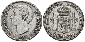 ALFONSO XII (1874-1885). 5 Pesetas. (Metal Blanco. 18,83g /37mm). 1875 *18-75. Madrid DEM. (Cal-2019-35). Falsa de época en calamina. MBC.