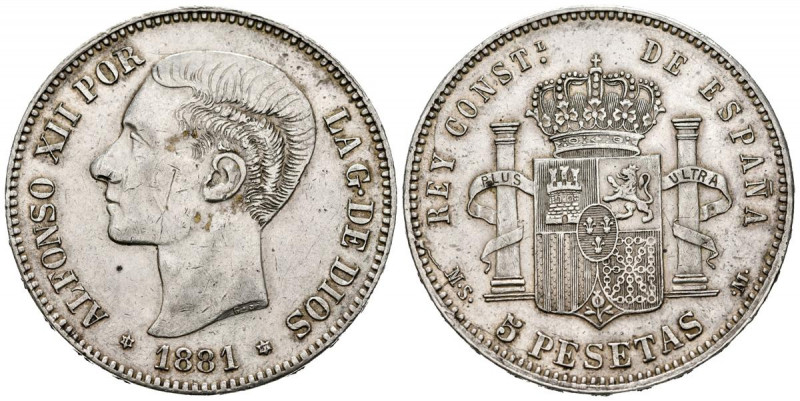 ALFONSO XII (1874-1885). 5 Pesetas. (Ar. 24,89g /37mm). 1881 *18-87. Madrid MSM....