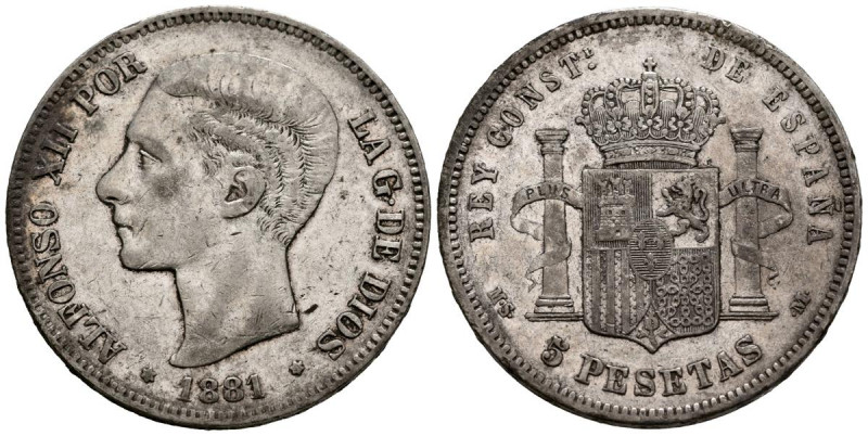 ALFONSO XII (1874-1885). 5 Pesetas. (Ar. 24,88g /37mm). 1881 *18-81. Madrid. MSM...