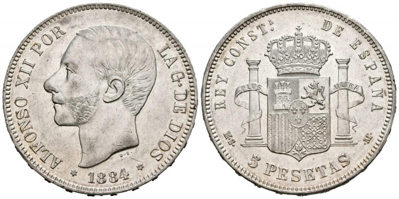 ALFONSO XII (1874-1885). 5 Pesetas. (Ar. 25,03g/37mm). 1884 *18-84. Madrid MSM. ...