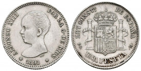 ALFONSO XIII (1885-1931). 1 Peseta. (Ar. 4,99g/23mm). 1891 *18-91. Madrid PGM. (Cal-2019-53). MBC+. Limpiada.