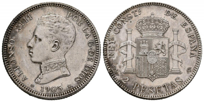 ALFONSO XIII (1885-1931). 2 Pesetas. (Ar. 10,01g/27mm). 1905 *19-05. Madrid SMV....