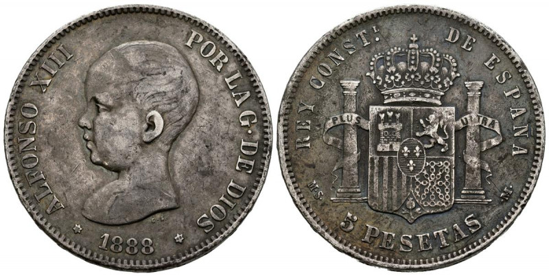 ALFONSO XIII (1885-1931). 5 Pesetas. (Ar. 24,69g/37mm). 1888 *18-88. Madrid MSM....