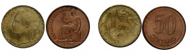 II REPÚBLICA (1931-1939). Precioso conjunto formado por 2 monedas de 50 Céntimos y 1 Peseta. 1937. Madrid. SC.