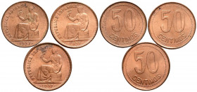 II REPÚBLICA (1931-1939). Bonito conjunto formado por 3 monedas de 50 Céntimos de 1937 (*34 y 36). Madrid. SC.