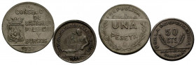 CONSEJO DE SANTANDER, PALENCIA Y BURGOS. Pareja de 50 Céntimos (sin PJR) y 1 Peseta. 1937. Diferentes estados de conservación. A EXAMINAR.