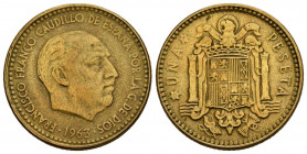 ESTADO ESPAÑOL. (1936-1975). 1 Peseta. (Al-Cu. 3,56g/20mm). 1963 *19-XX. Madrid. (Cal-2019-Tipo 16). Reverso girado. MBC. Limpiada.